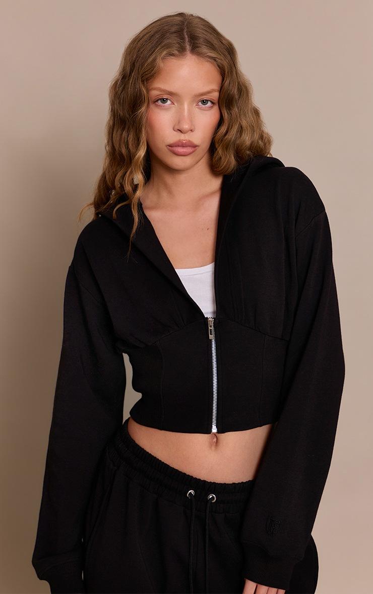 Pretty Little Thing Black Embroidered Interlock Cinch Waist Zip Hoodie