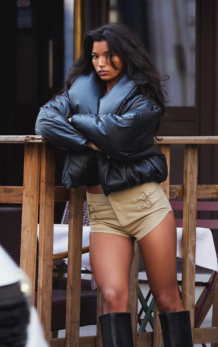 Pretty Little Thing Black Exaggerated Collar PU Cropped Puffer Coat