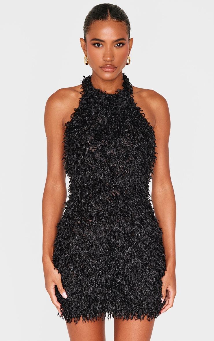 Pretty Little Thing Black Faux Feather Halterneck Mini Dress