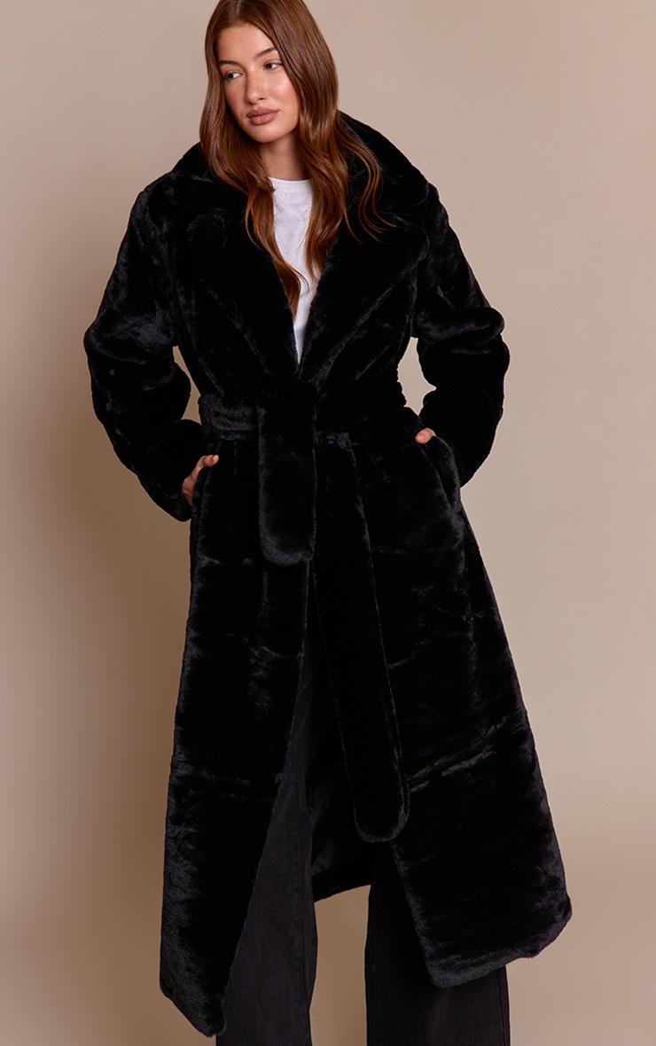 Pretty Little Thing Black Faux Fur Tie Waist Maxi Coat