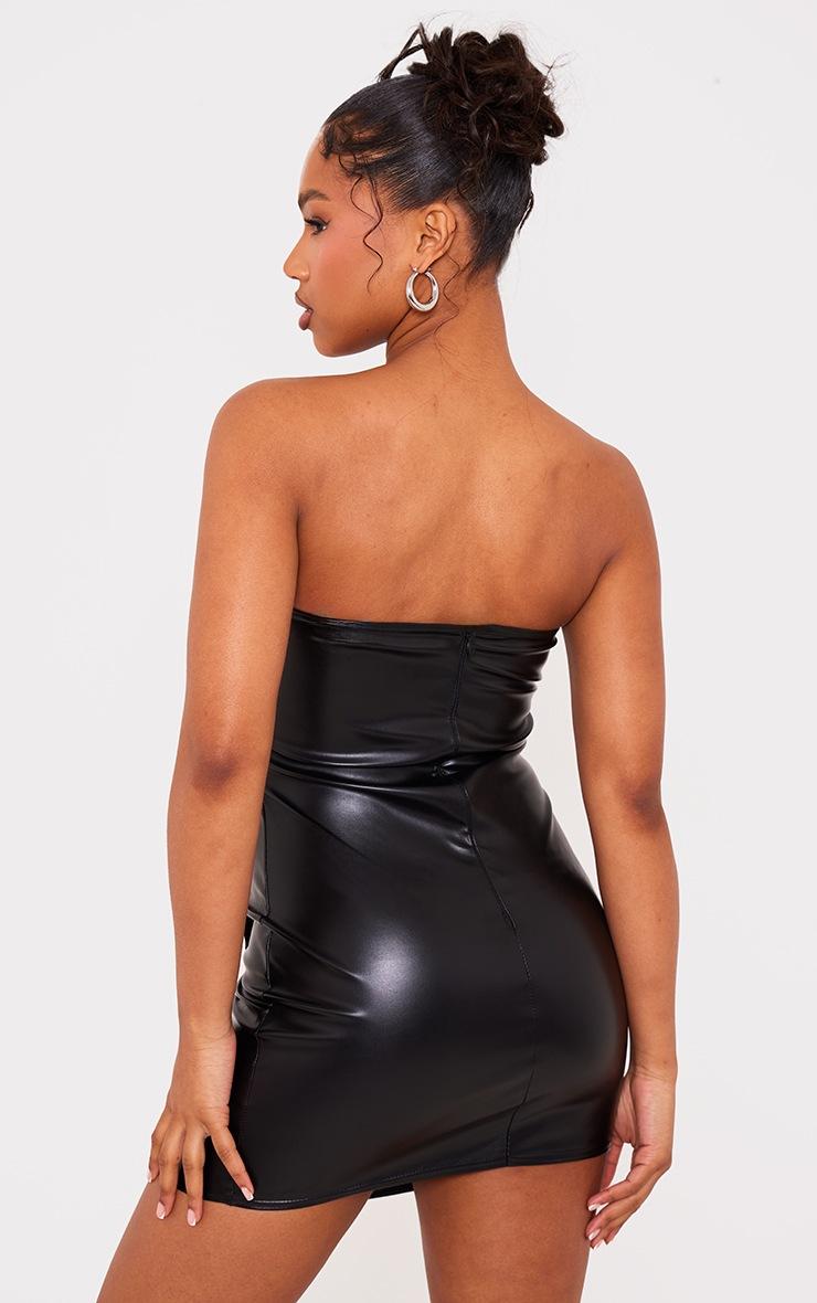 Pretty Little Thing Black Faux Leather Bandeau Ruched Side Mini Dress