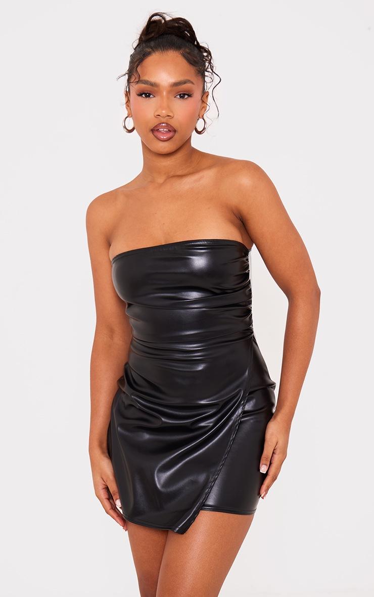 Pretty Little Thing Black Faux Leather Bandeau Ruched Side Mini Dress