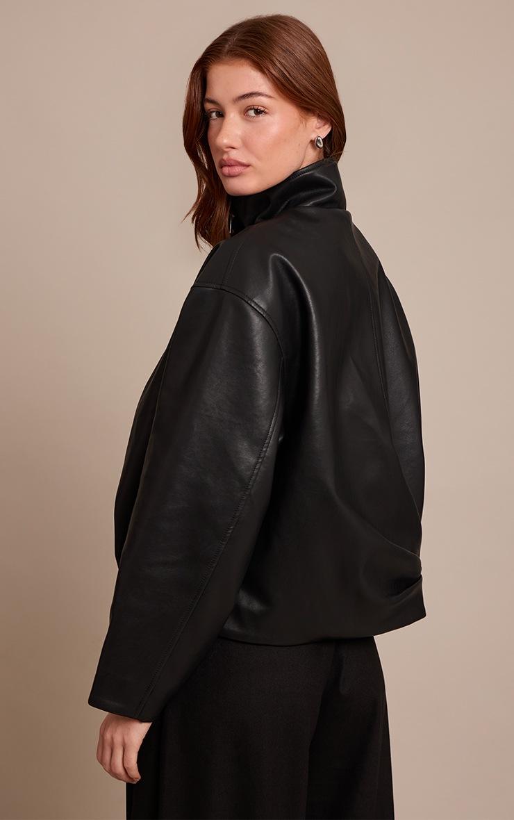 Pretty Little Thing Black Faux Leather Funnel Neck Gathered Back Bomber Jacket