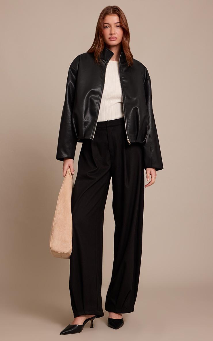 Pretty Little Thing Black Faux Leather Funnel Neck Gathered Back Bomber Jacket
