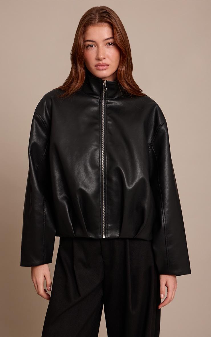 Pretty Little Thing Black Faux Leather Funnel Neck Gathered Back Bomber Jacket