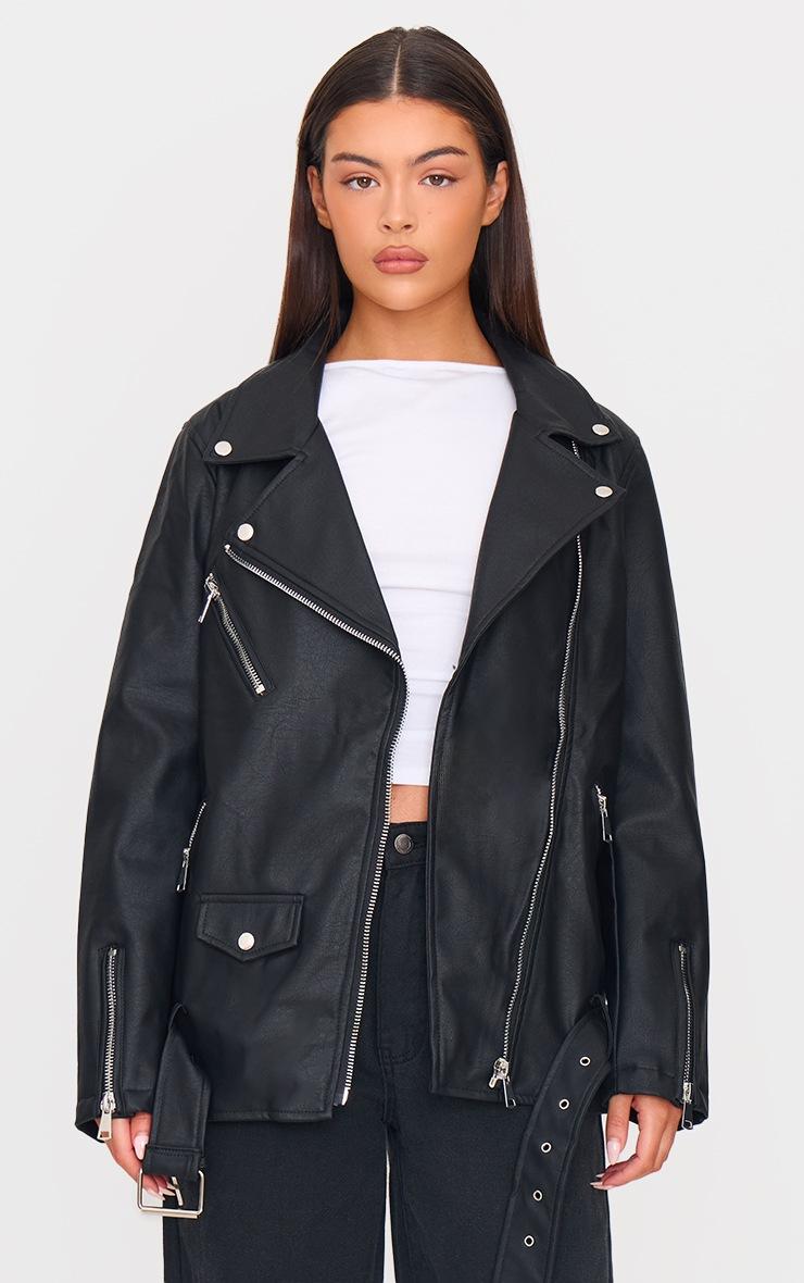 Pretty Little Thing Black Faux Leather Longline Belted Biker Jacket
