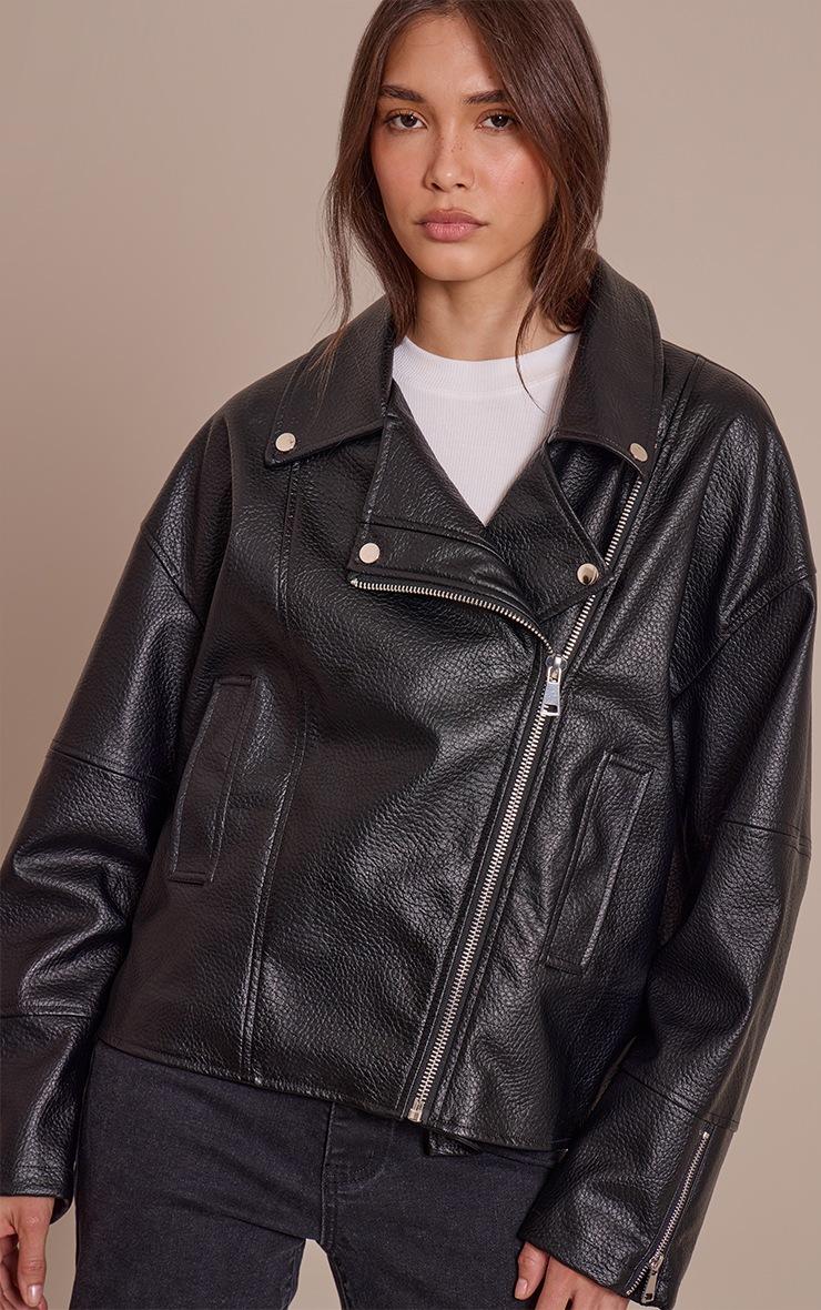 Pretty Little Thing Black Faux Leather Oversized Biker Jacket