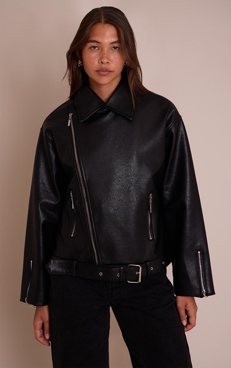 Pretty Little Thing Black Faux Leather Oversized Biker Style Jacket