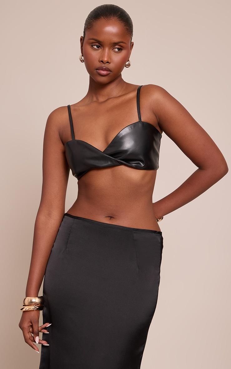 Pretty Little Thing Black Faux Leather Twist Detail Strappy Bralette
