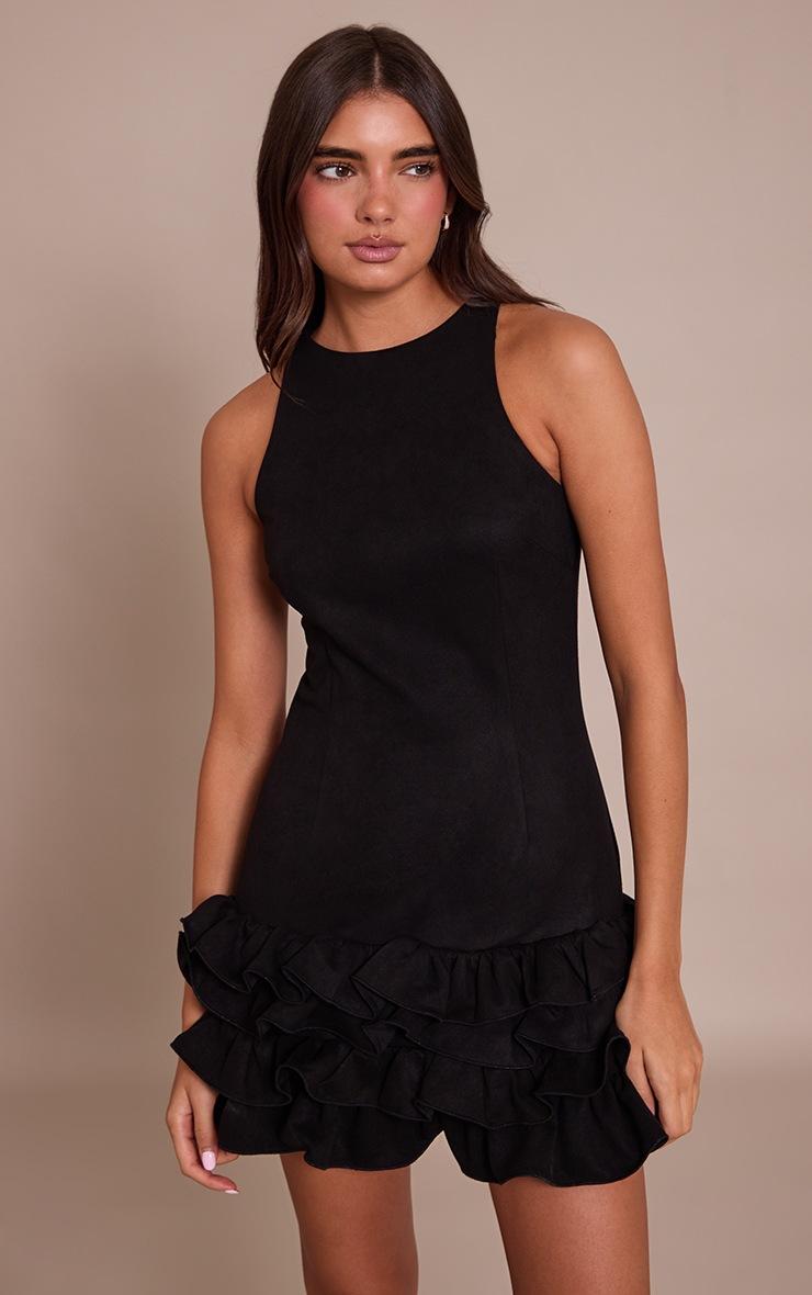 Pretty Little Thing Black Faux Suede Frill Hem Shift Dress