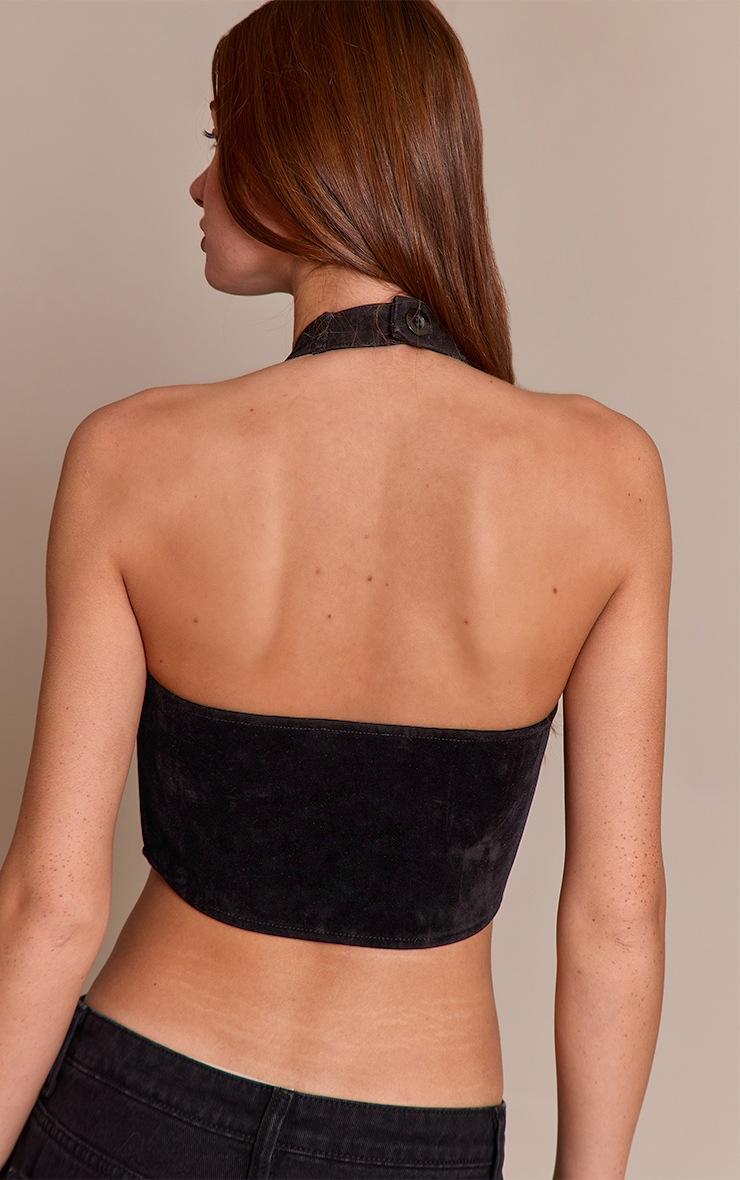 Pretty Little Thing Black Faux Suede Lace Up Plunge Halterneck Top