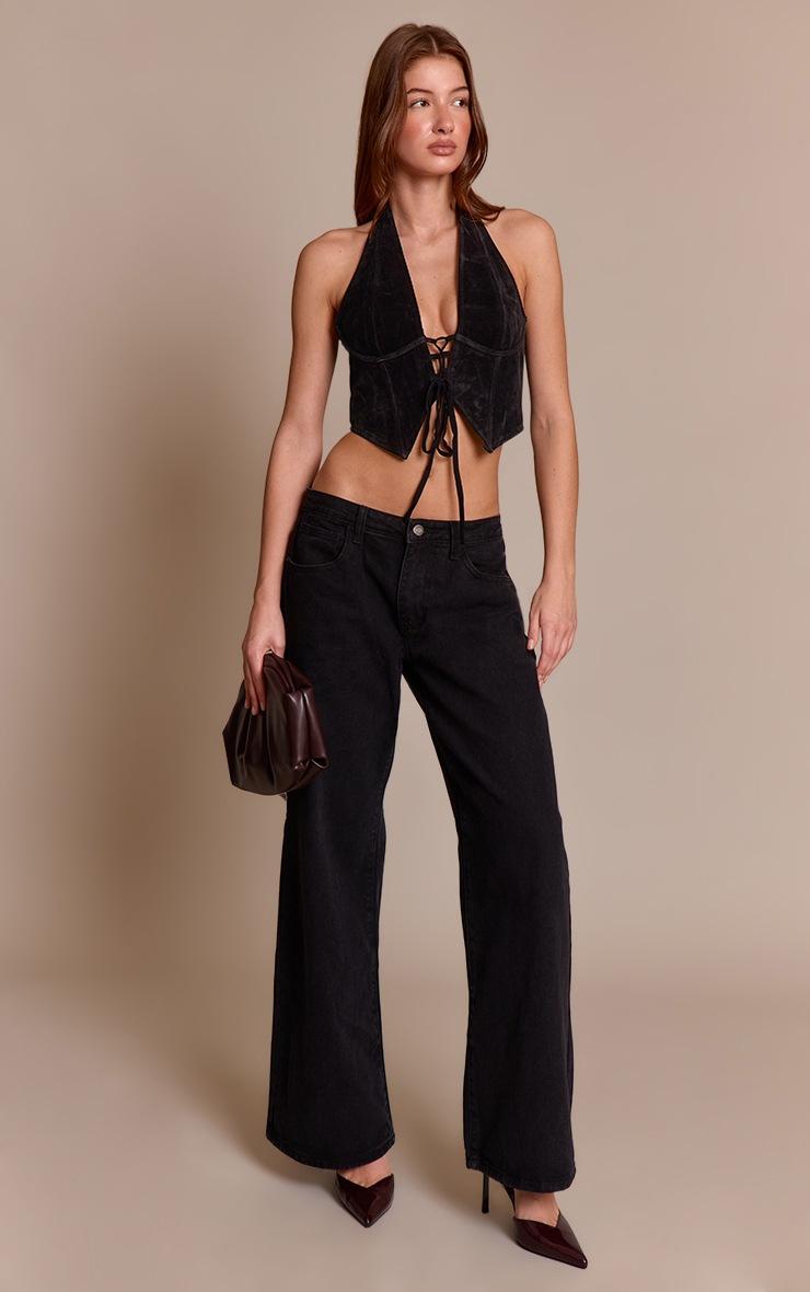 Pretty Little Thing Black Faux Suede Lace Up Plunge Halterneck Top