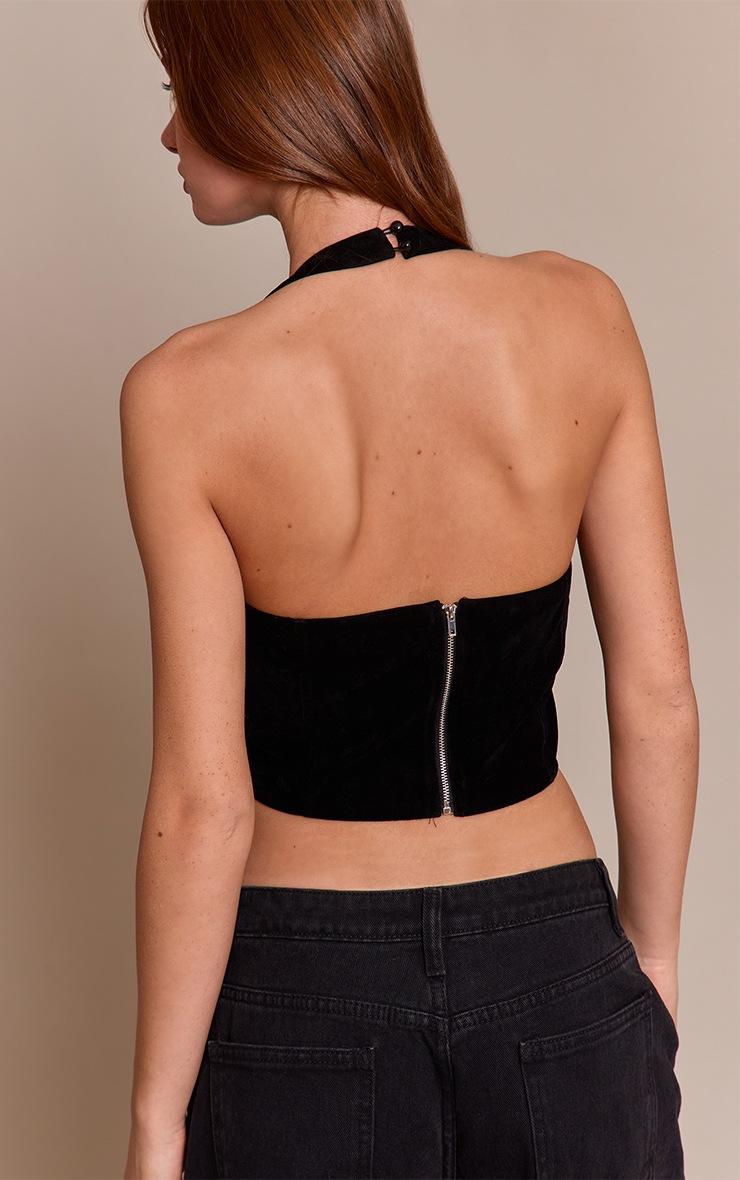 Pretty Little Thing Black Faux Suede Stitching Detail Halterneck Corset