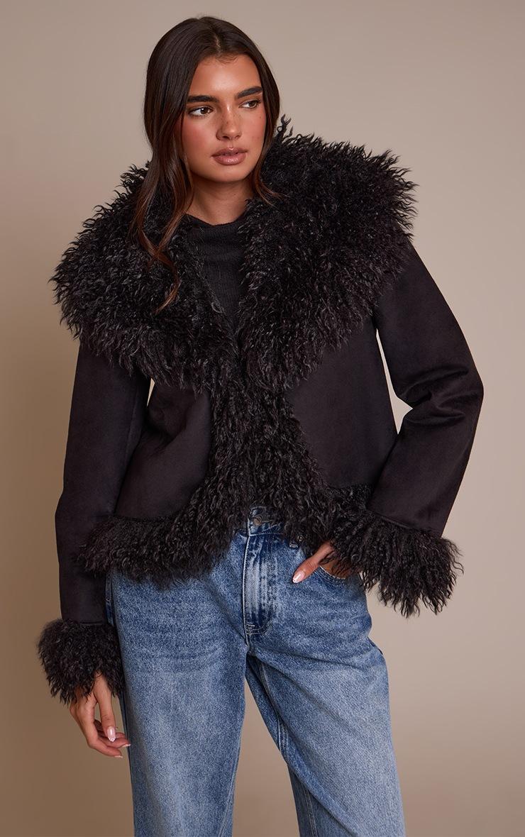 Pretty Little Thing Black Faux Suede Trim Detail Coat