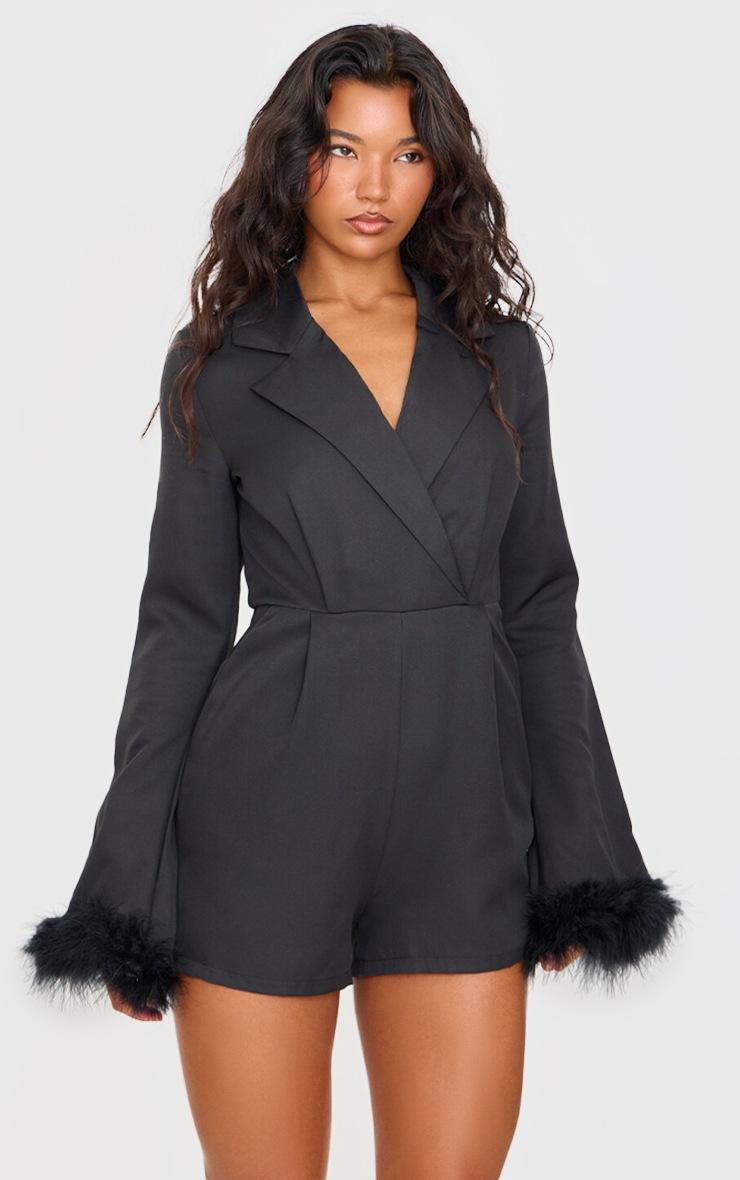 Pretty Little Thing Black Feather Cuff Blazer Romper