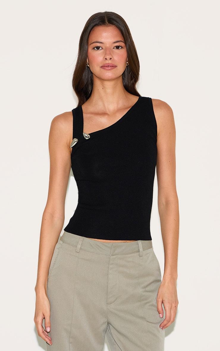 Pretty Little Thing Black Fine Knit Asymmetric Neckline Top