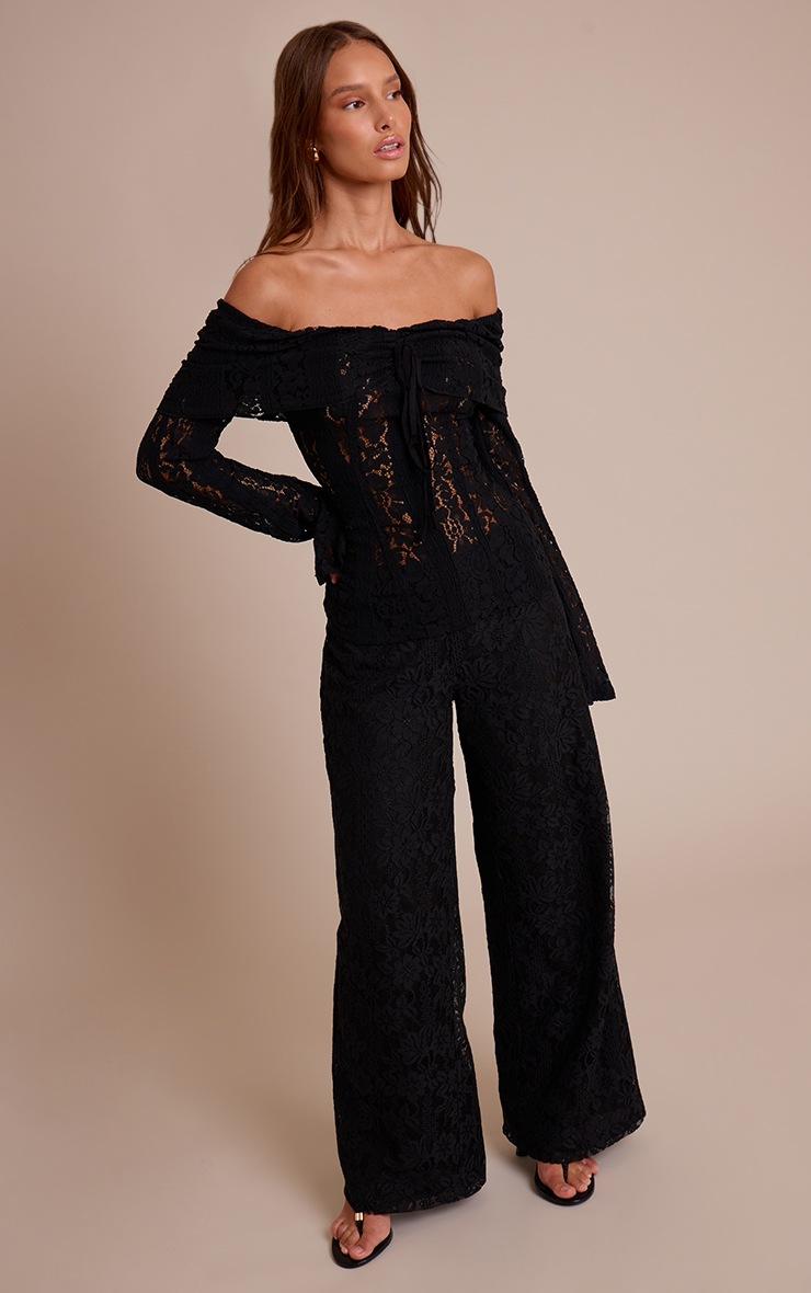Pretty Little Thing Black Fitted Lace Flared Sleeve Bardot Top