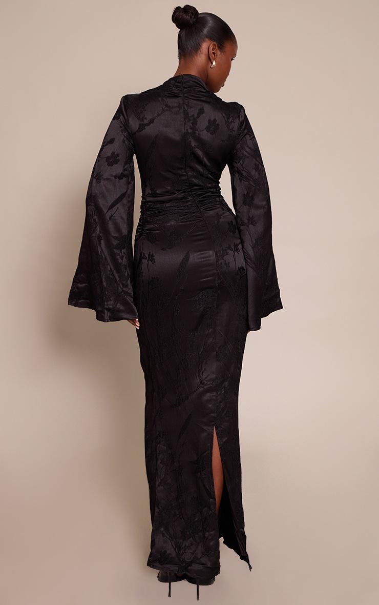 Pretty Little Thing Black Floral Jacquard High Neck Flared Sleeve Maxi Dress