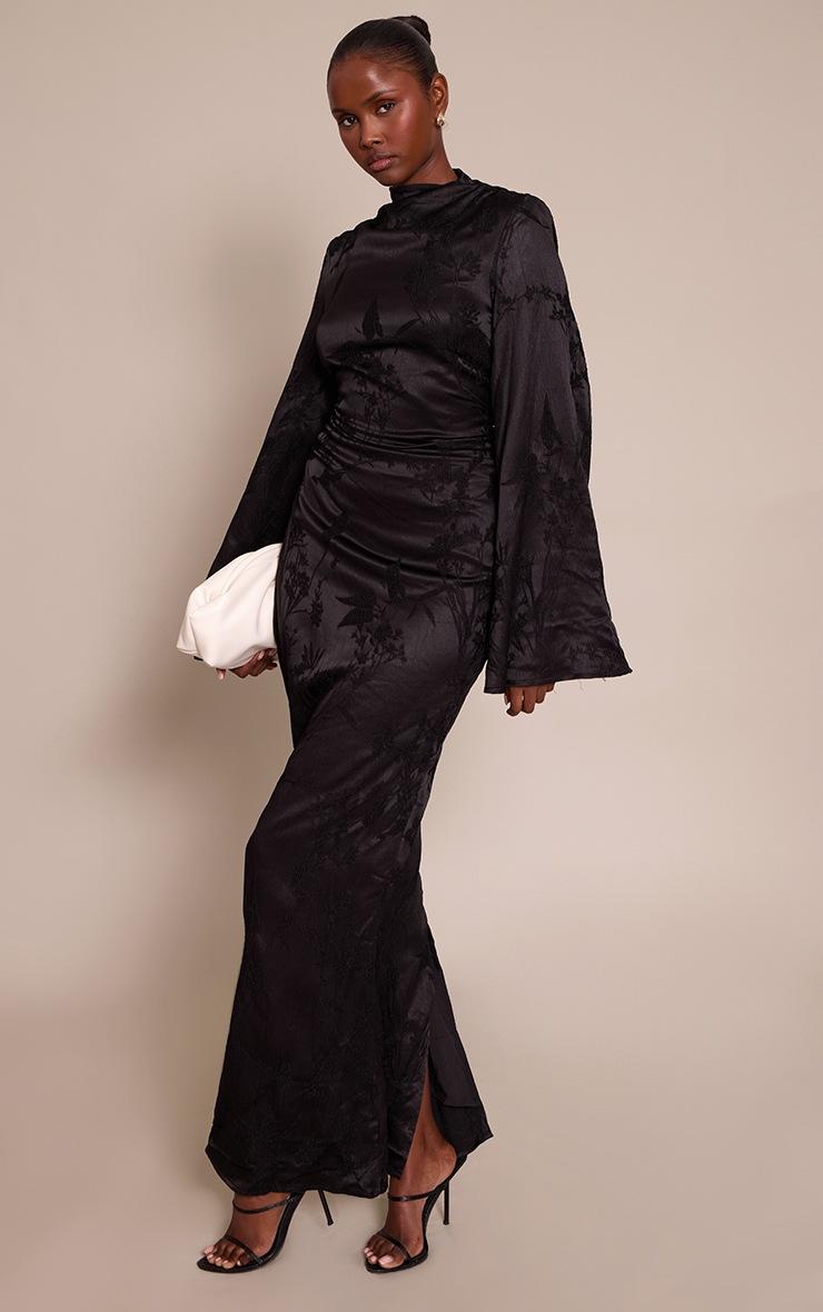 Pretty Little Thing Black Floral Jacquard High Neck Flared Sleeve Maxi Dress
