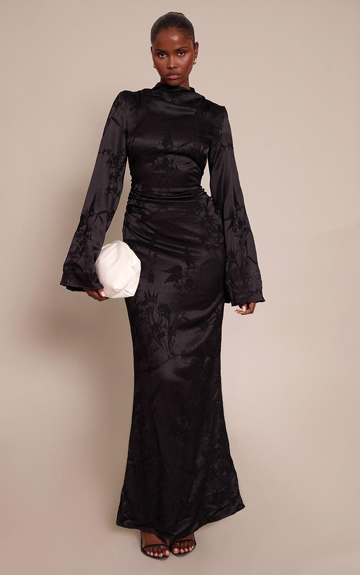 Pretty Little Thing Black Floral Jacquard High Neck Flared Sleeve Maxi Dress