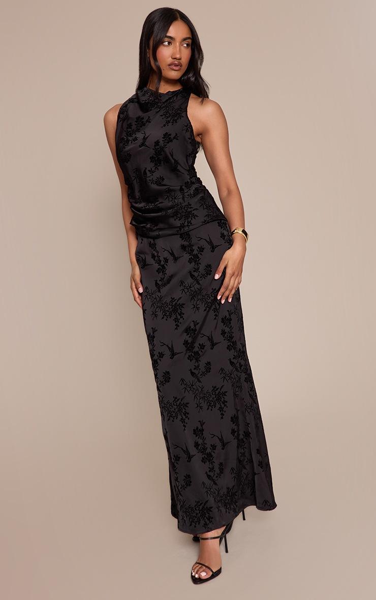 Pretty Little Thing Black Floral Jacquard High Neck Maxi Dress