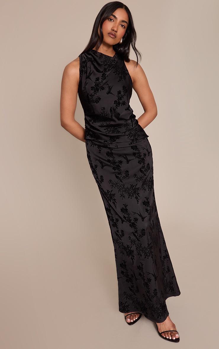 Pretty Little Thing Black Floral Jacquard High Neck Maxi Dress