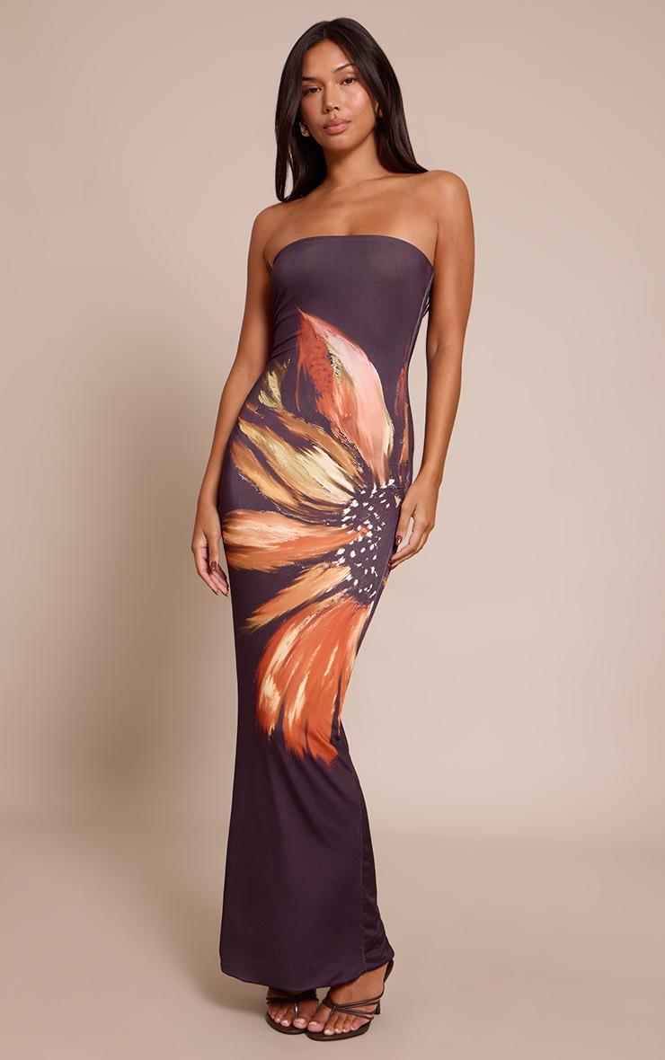 Pretty Little Thing Black Flower Print Bandeau Maxi Dress