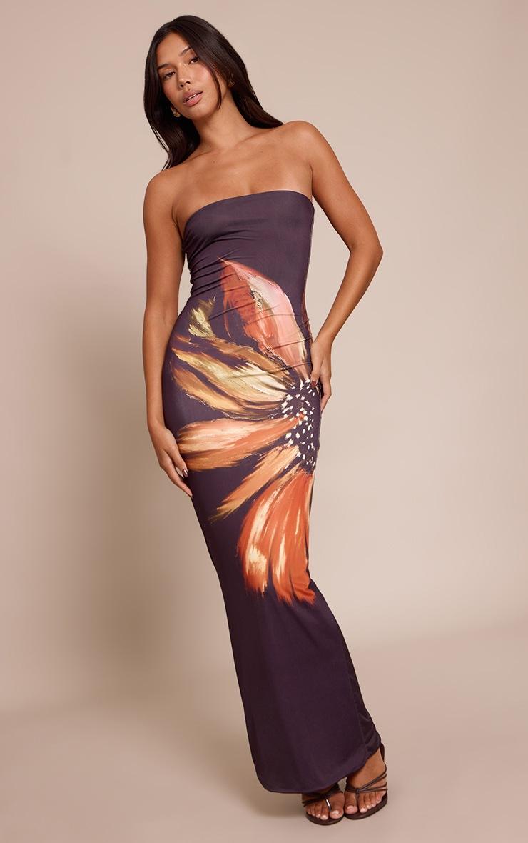 Pretty Little Thing Black Flower Print Bandeau Maxi Dress