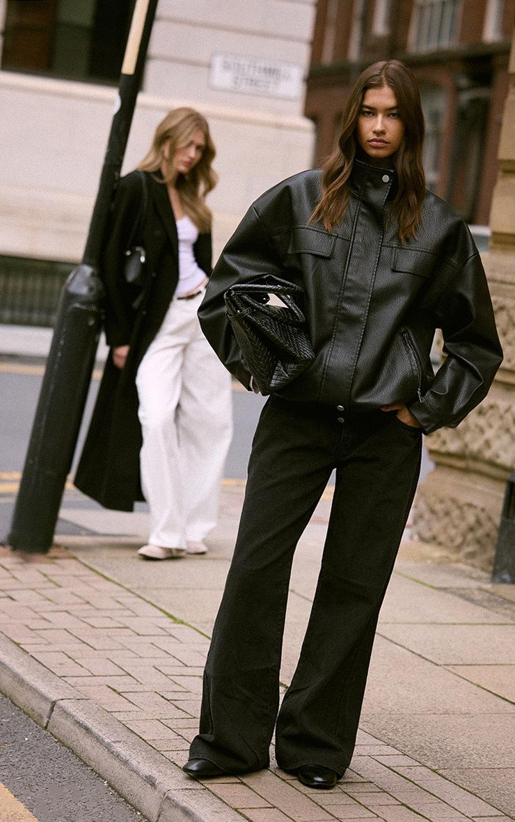 Pretty Little Thing Black Funnel Neck Concealed Placket Faux Leather Jacket