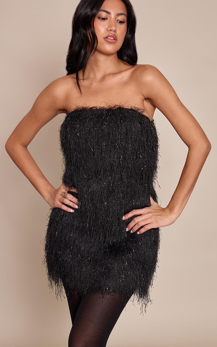 Pretty Little Thing Black Glitter Fringe Bandeau Bodycon Dress