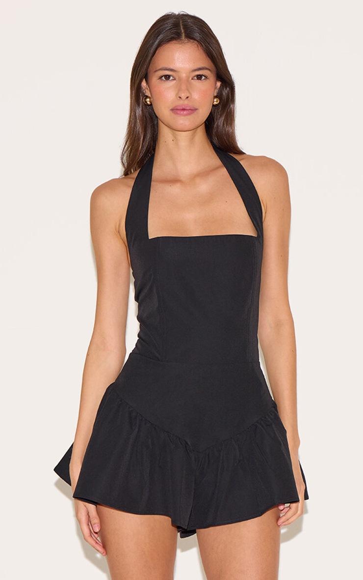 Pretty Little Thing Black Halter Neck Drop Waist Floaty Romper