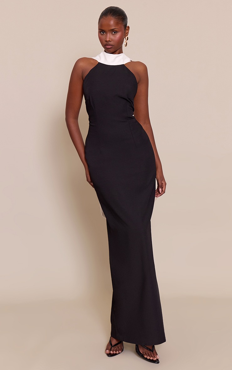 Pretty Little Thing Black Halterneck Contrast Drape Detail Backless Maxi Dress