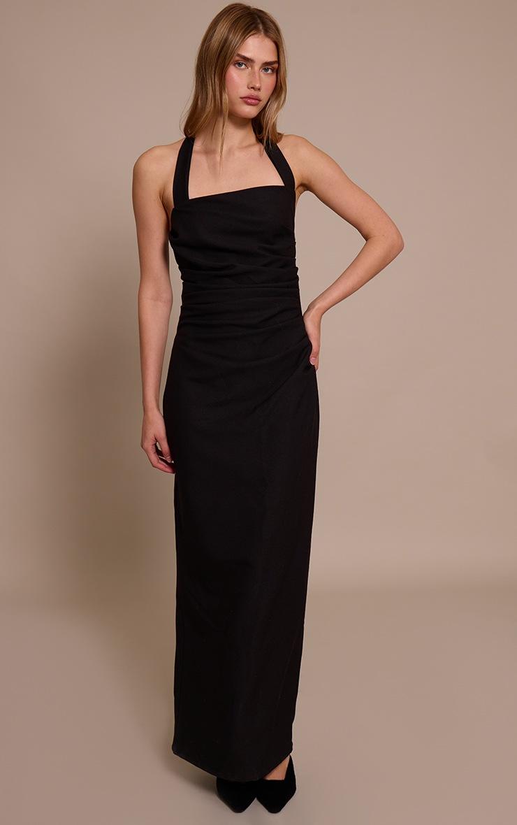 Pretty Little Thing Black Halterneck Ruched Detail Maxi Dress