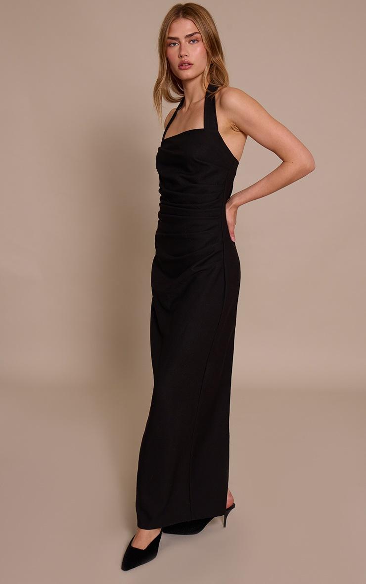 Pretty Little Thing Black Halterneck Ruched Detail Maxi Dress