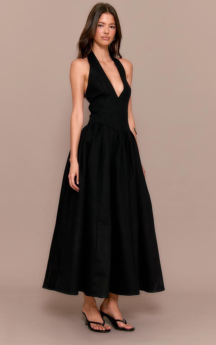 Pretty Little Thing Black Halterneck Tie Detail Ruched Midaxi Dress