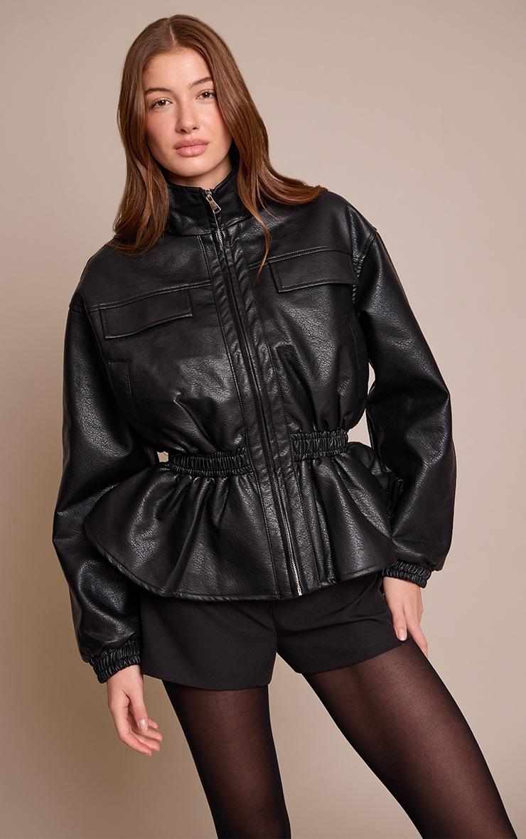 Pretty Little Thing Black High Neck Cinched Waist Faux Leather Jacket