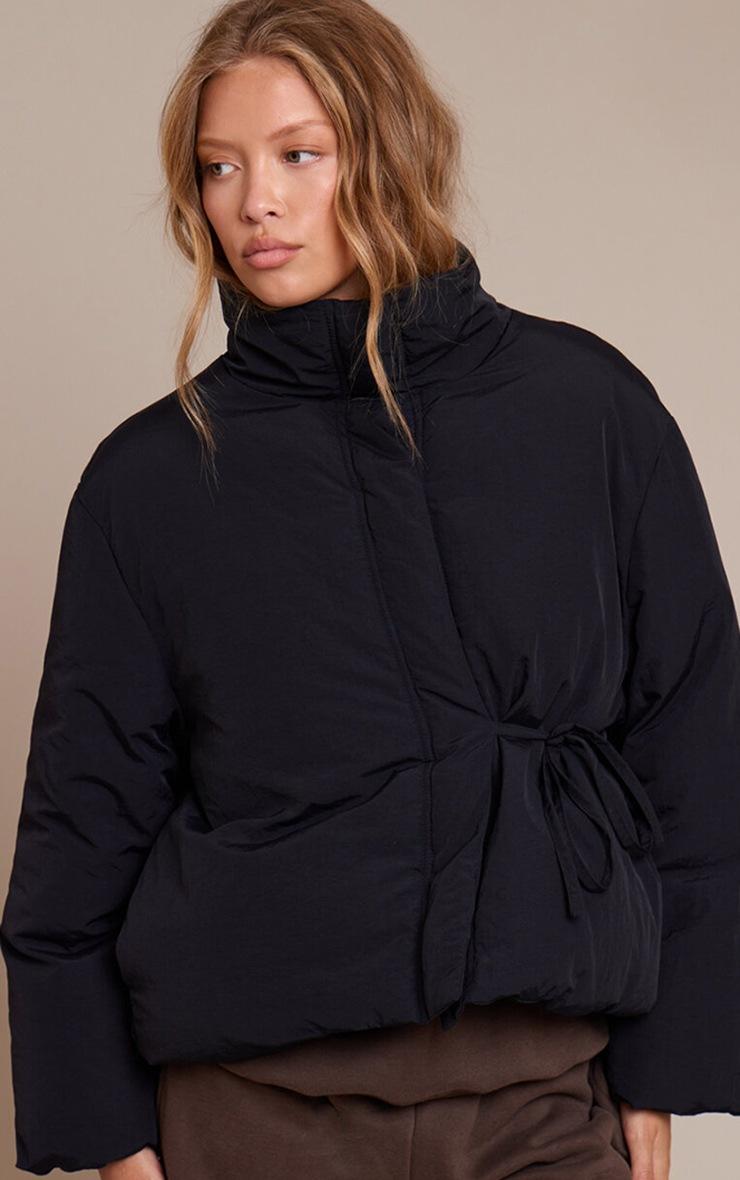 Pretty Little Thing Black High Neck Tie Waist Quilted Puffer Jacket