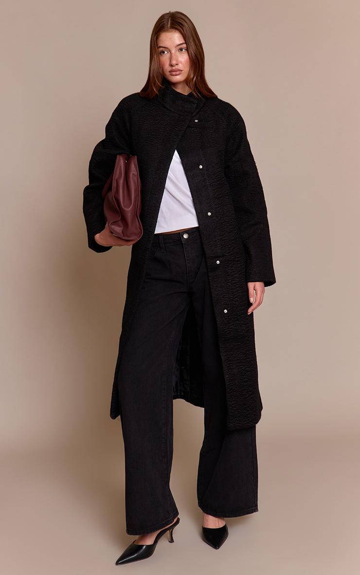 Pretty Little Thing Black High Neck Tie Waist Wool Look Maxi Coat
