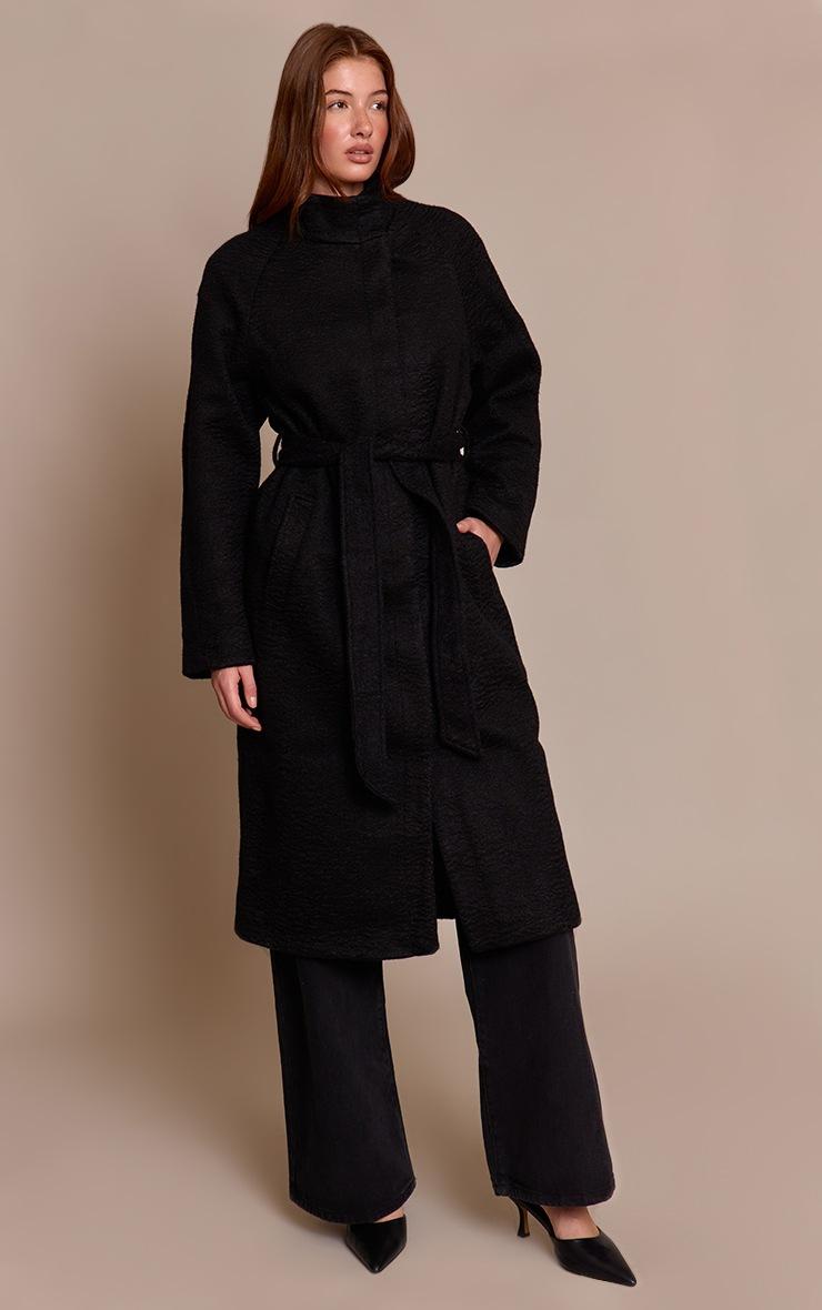 Pretty Little Thing Black High Neck Tie Waist Wool Look Maxi Coat