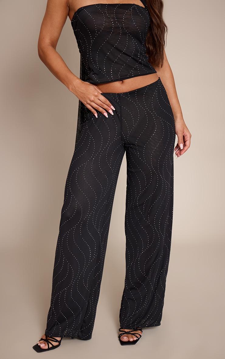 Pretty Little Thing Black Hot Fix Mesh Wide Leg Pants
