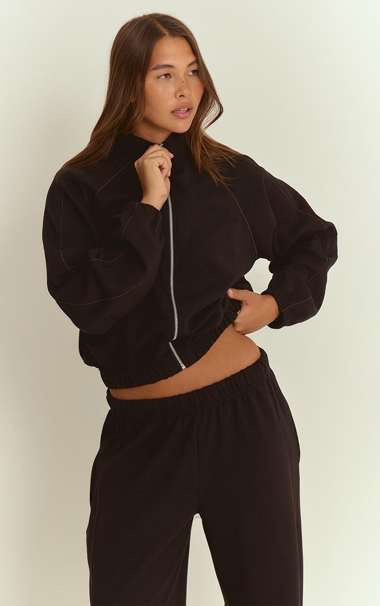 Pretty Little Thing Black Interlock Contrast Piping Bomber Sweatshirt