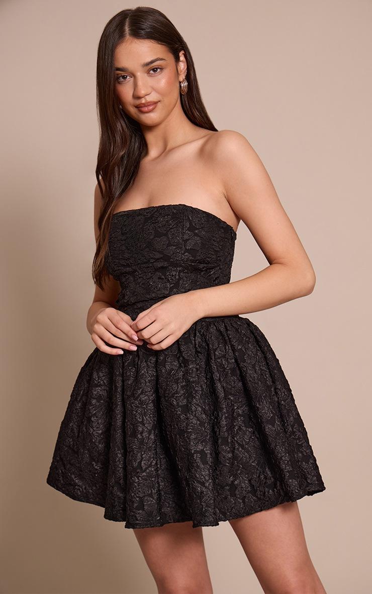 Pretty Little Thing Black Jacquard Bandeau Lace Up Back Shift Dress