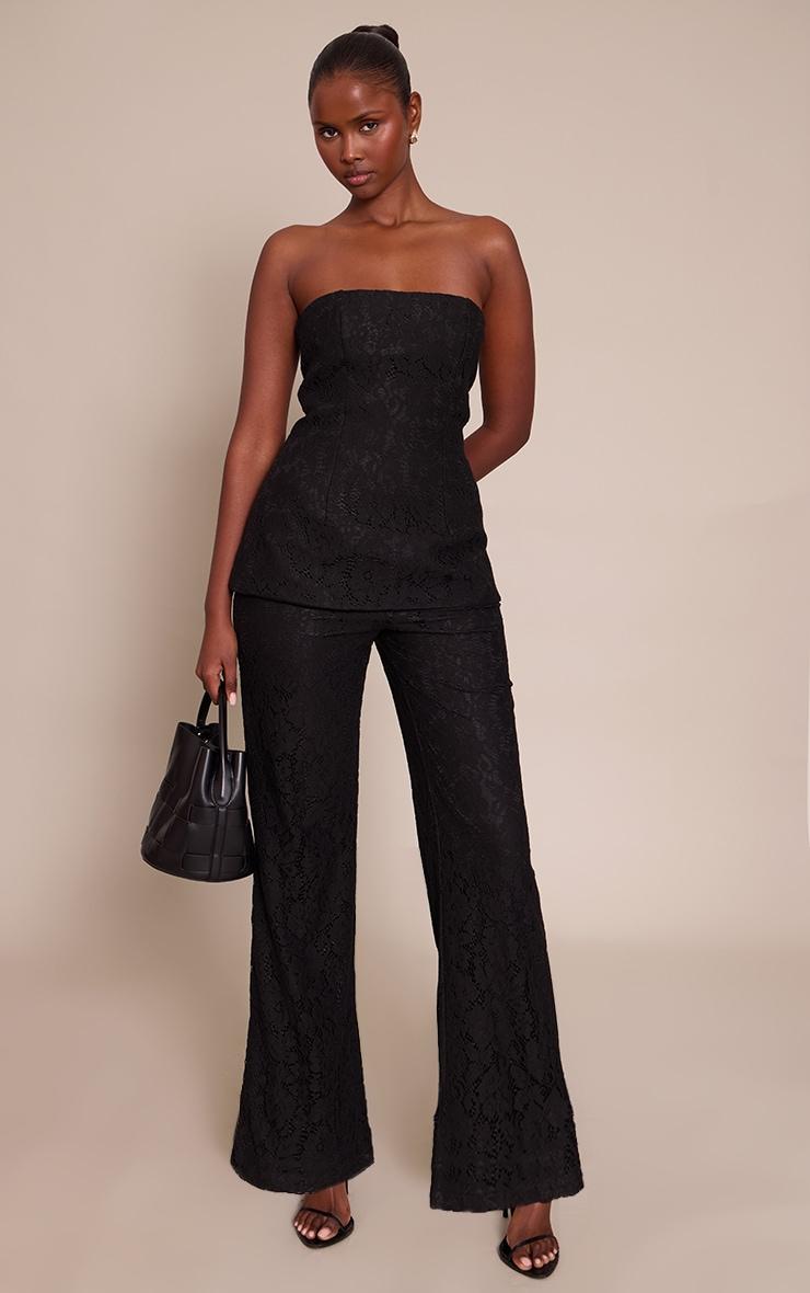 Pretty Little Thing Black Lace Bandeau Overlay Straight Leg Jumpsuit