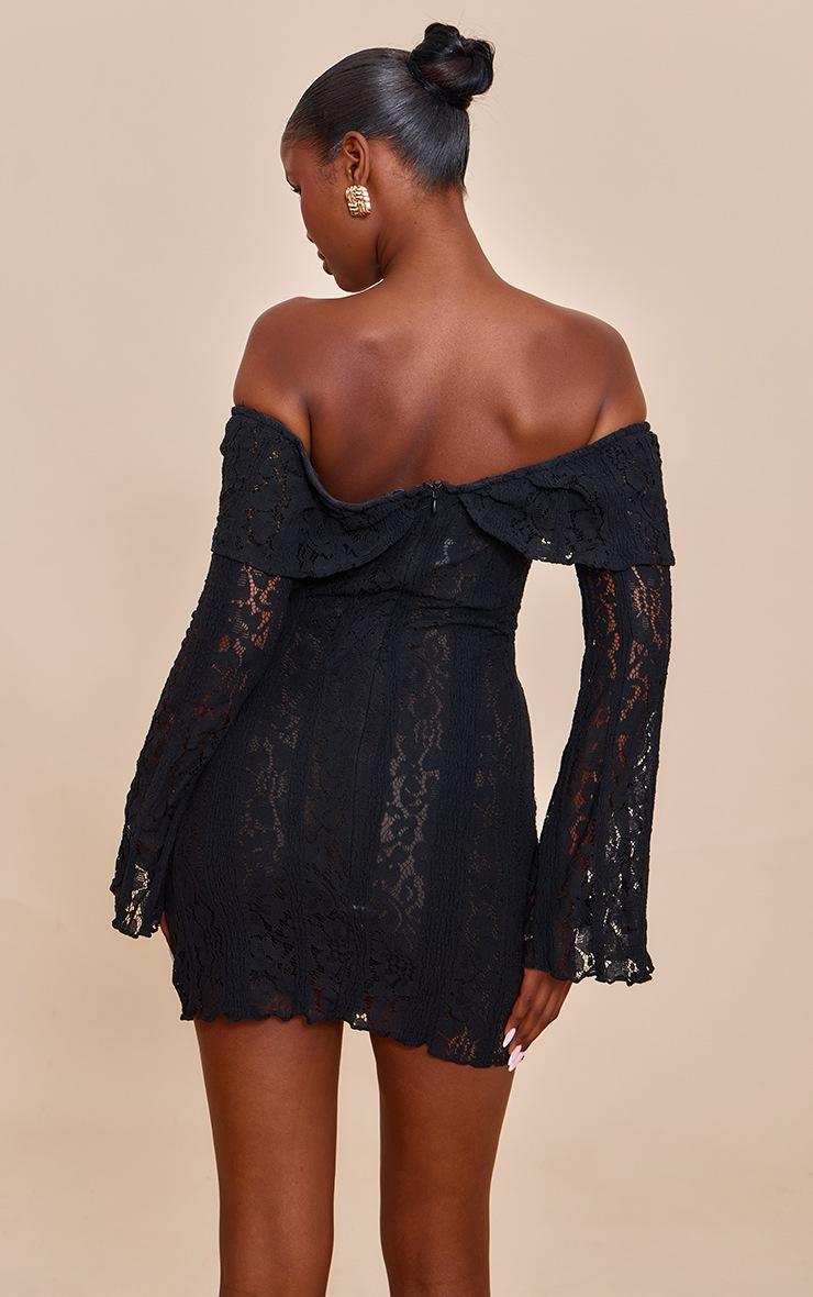 Pretty Little Thing Black Lace Bardot Long Sleeve Mini Dress