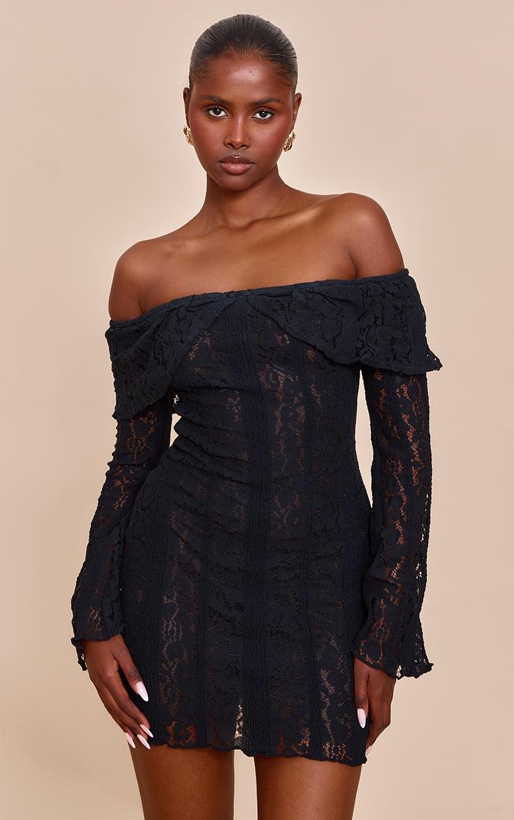 Pretty Little Thing Black Lace Bardot Long Sleeve Mini Dress