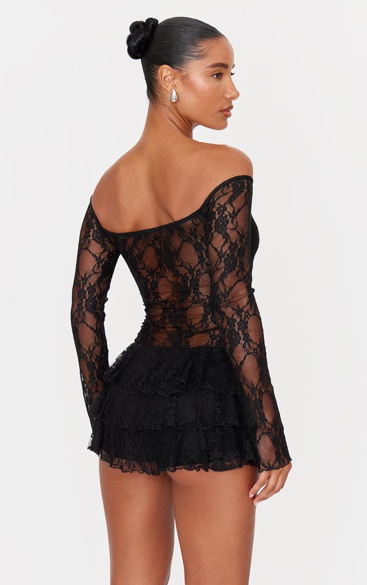 Pretty Little Thing Black Lace Bardot Rara Skort Romper