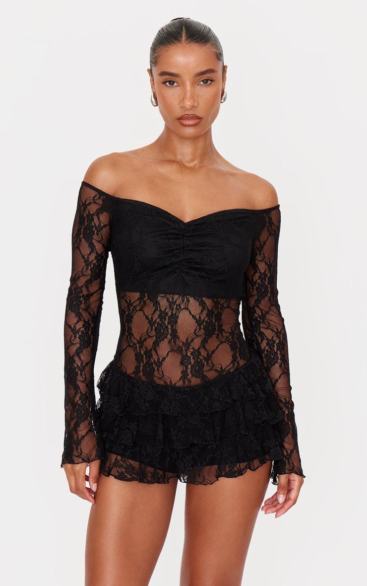 Pretty Little Thing Black Lace Bardot Rara Skort Romper