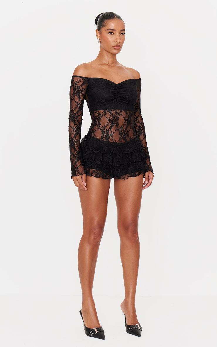 Pretty Little Thing Black Lace Bardot Rara Skort Romper