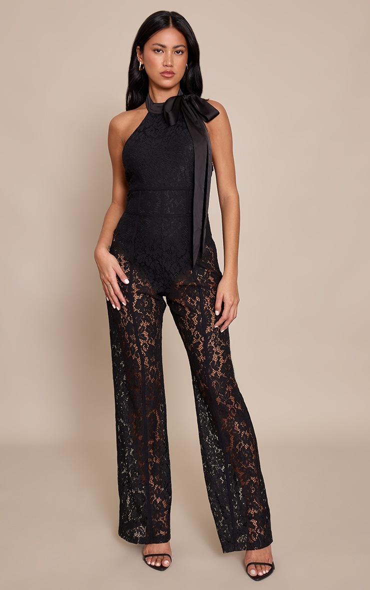 Pretty Little Thing Black Lace Bow Detail Straight Leg Jumpsuit