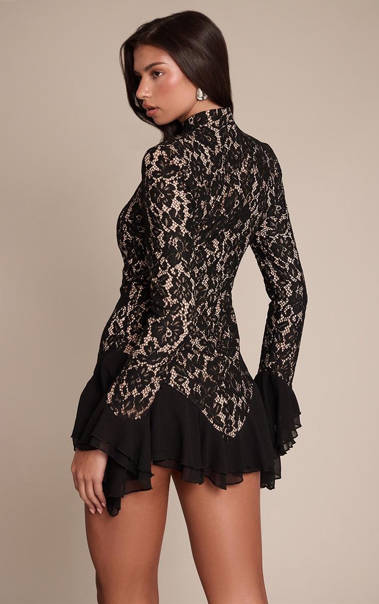Pretty Little Thing Black Lace High Neck Frill Detail Mini Dress